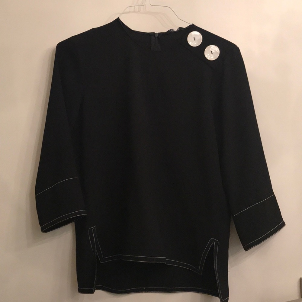 Zara black blouse with white stitching